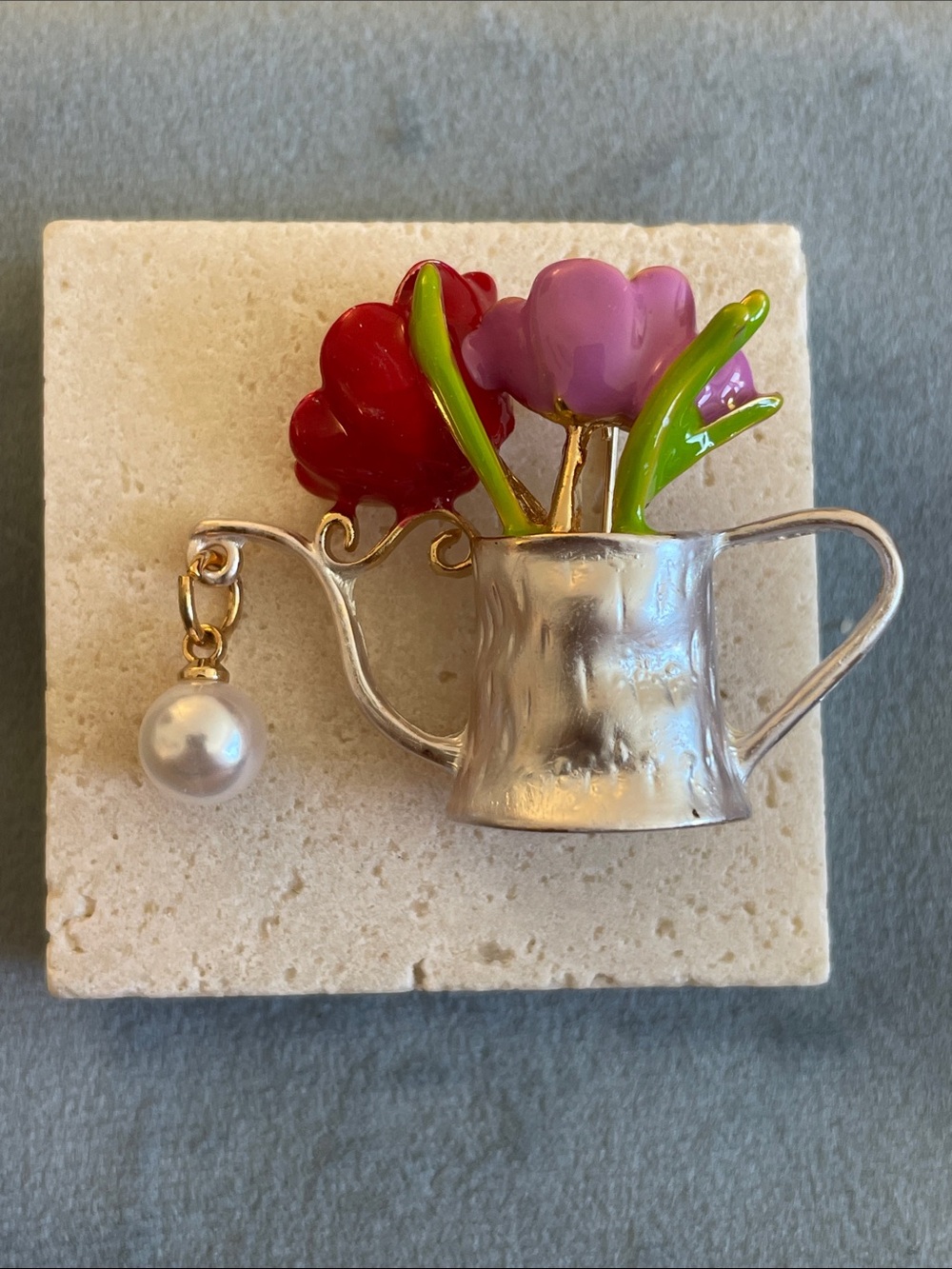 Silver Watering Can Flower Brooch with Pink & Red Enamel Flowers